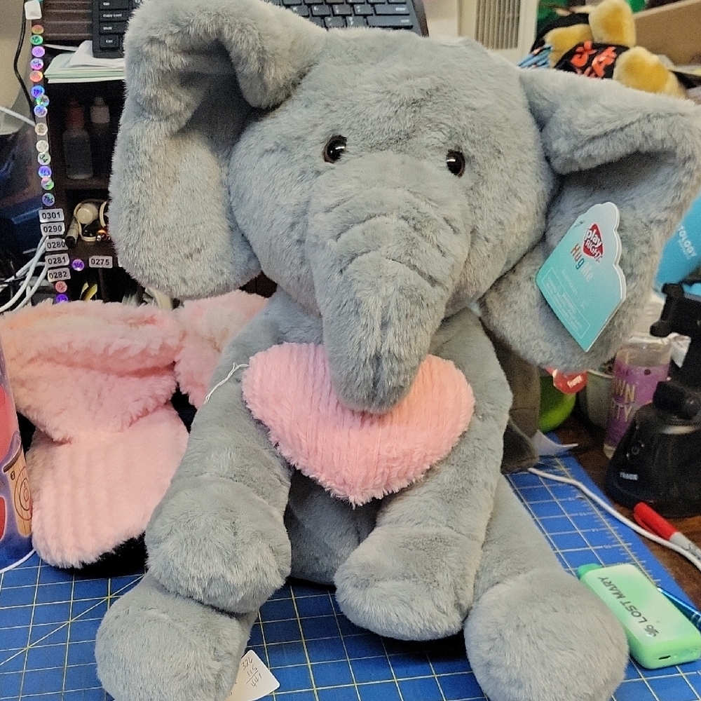 Play Right Gray Elephant Plush with Pink Heart 14" Tall Sitting